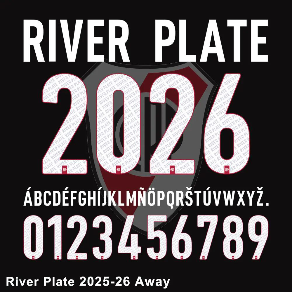 River Plate 2025-26 away jersey font showing numbers 0-9, capital letters A-Z, and club logo. 拷贝.jpg