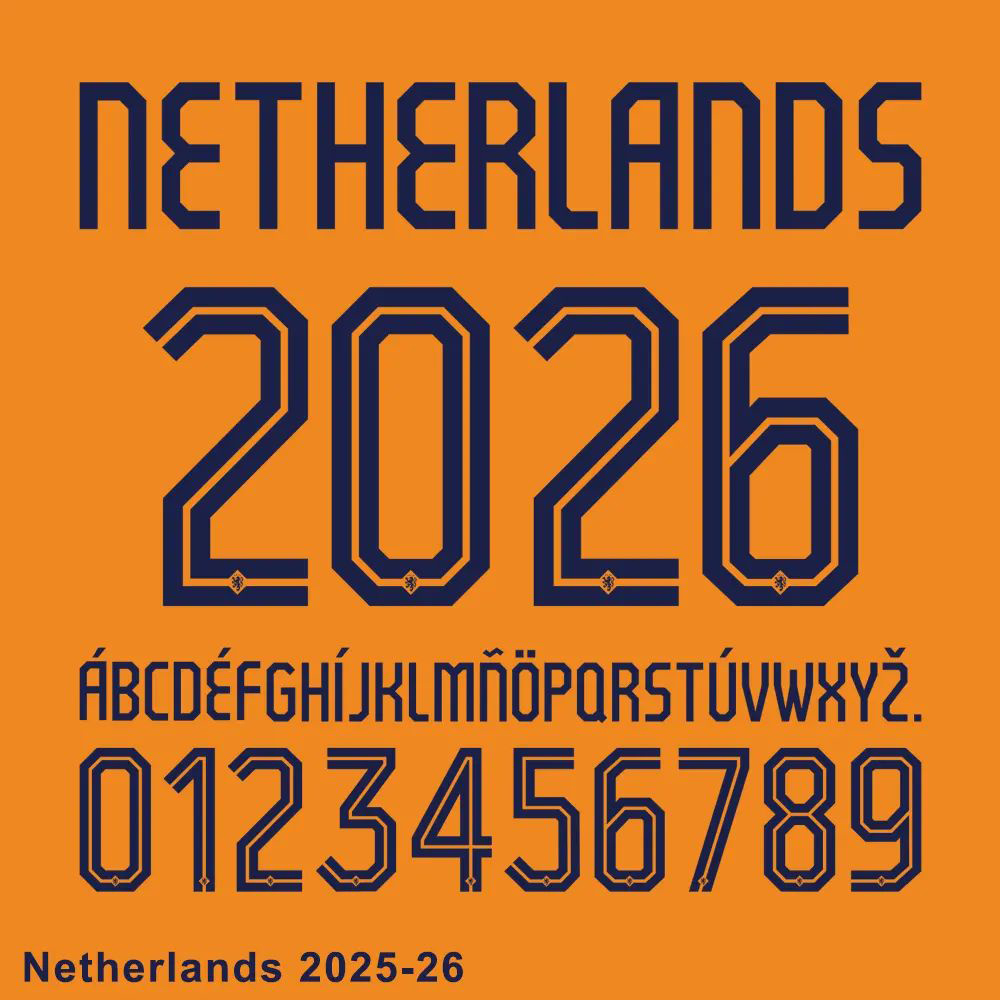 Netherlands 2025-26 official jersey font showing numbers, letters, and the Dutch lion emblem. 拷贝.jpg