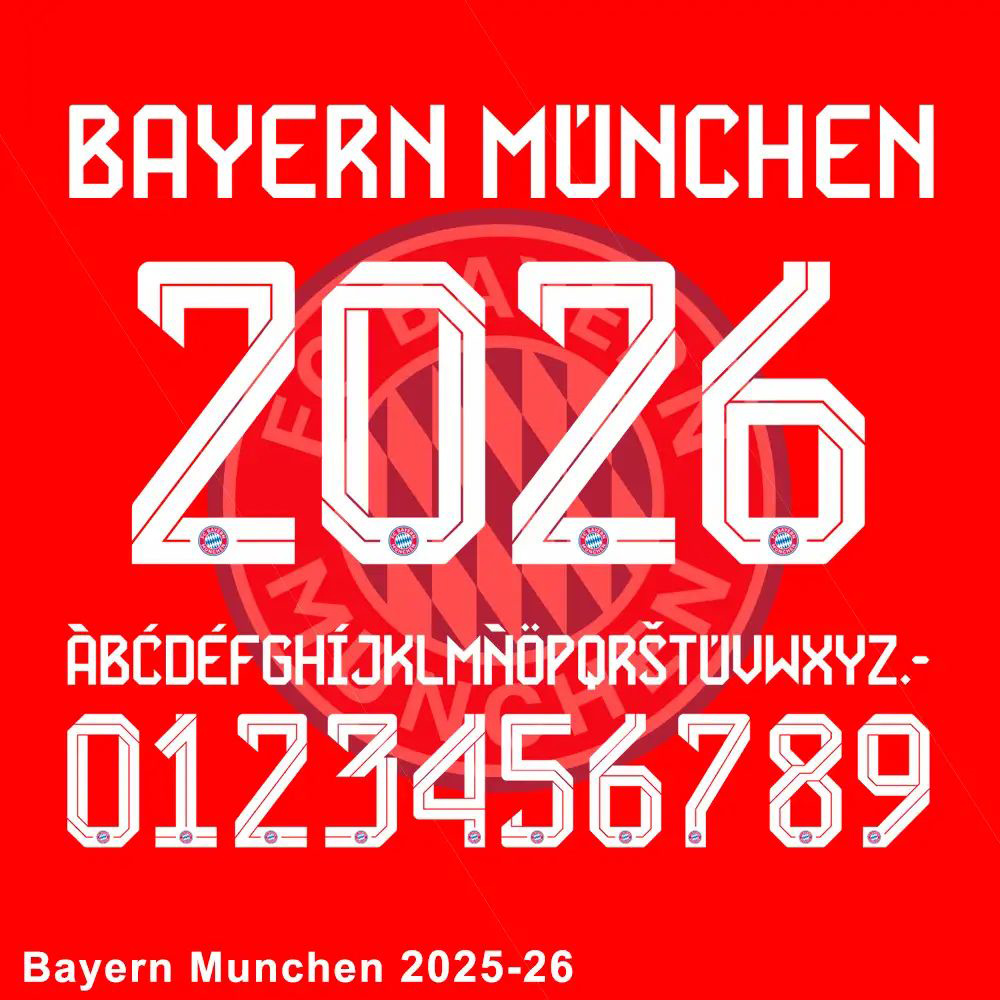 Official Bayern Munich 2025-26 home kit font sample with 3D effect and club logo. 拷贝.jpg