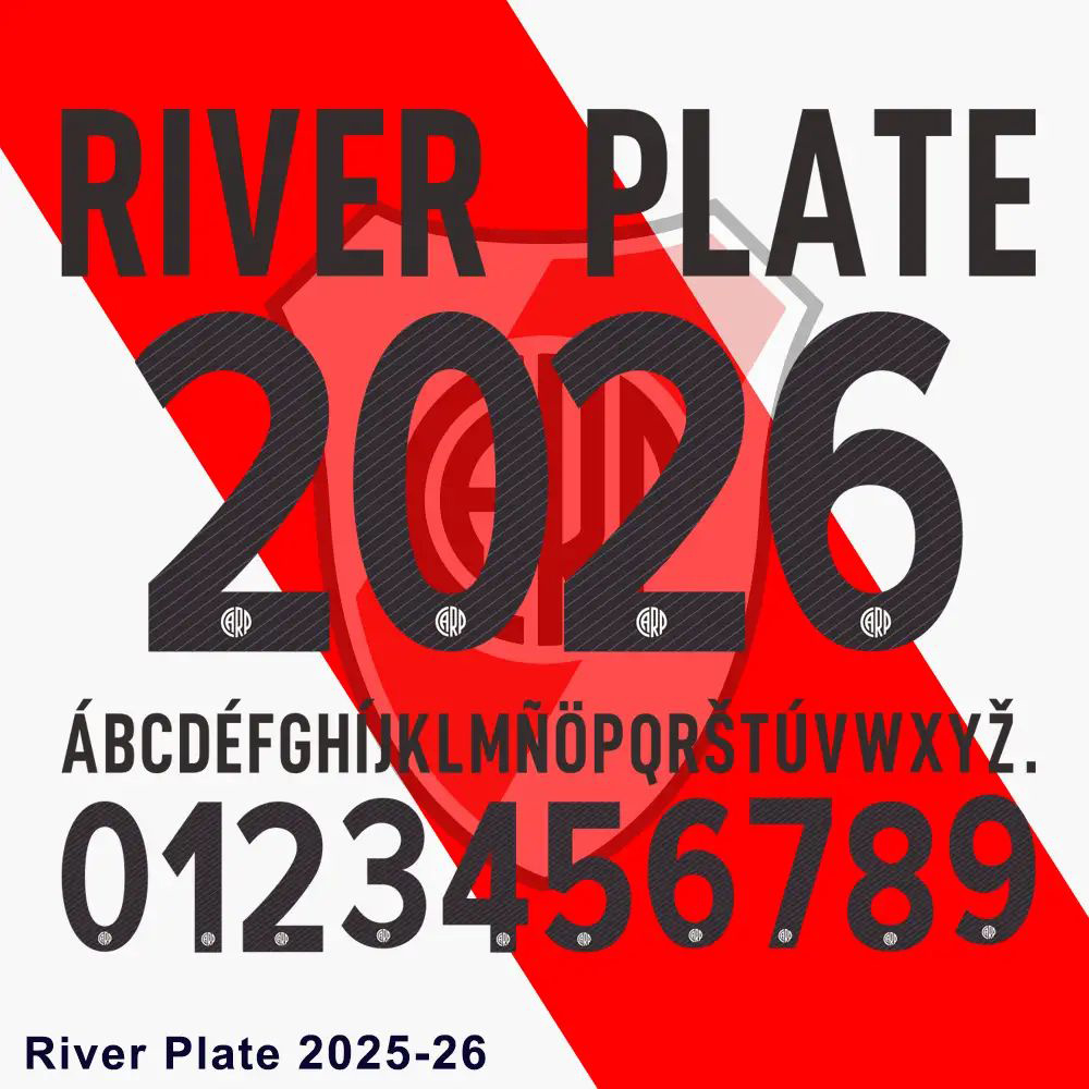 River Plate 2025-26 official kit font featuring all characters, numbers, and the club crest. 拷贝.jpg