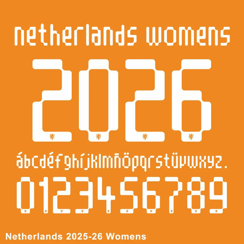 Netherlands 2025-26 Womens official jersey font with numbers, letters, and integrated lion crest. 拷贝.jpg