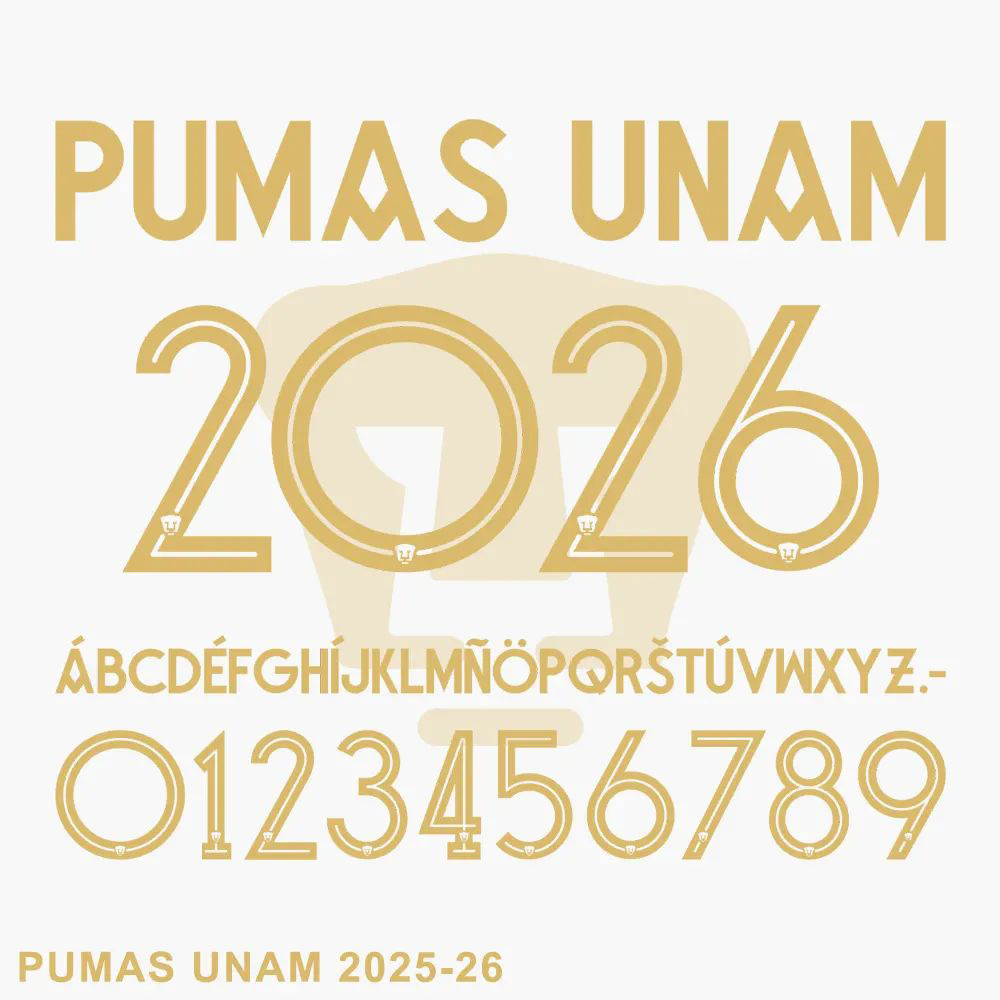 Pumas UNAM 2025-26 official football jersey font showing numbers and full alphabet for download. 拷贝.jpg