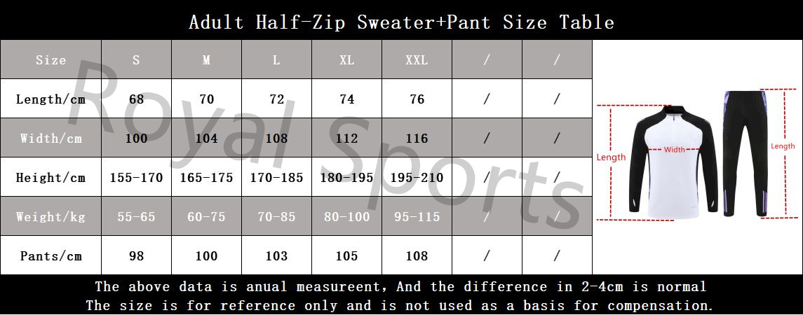 Adult Half-Zip Sweater+Pant Size Table