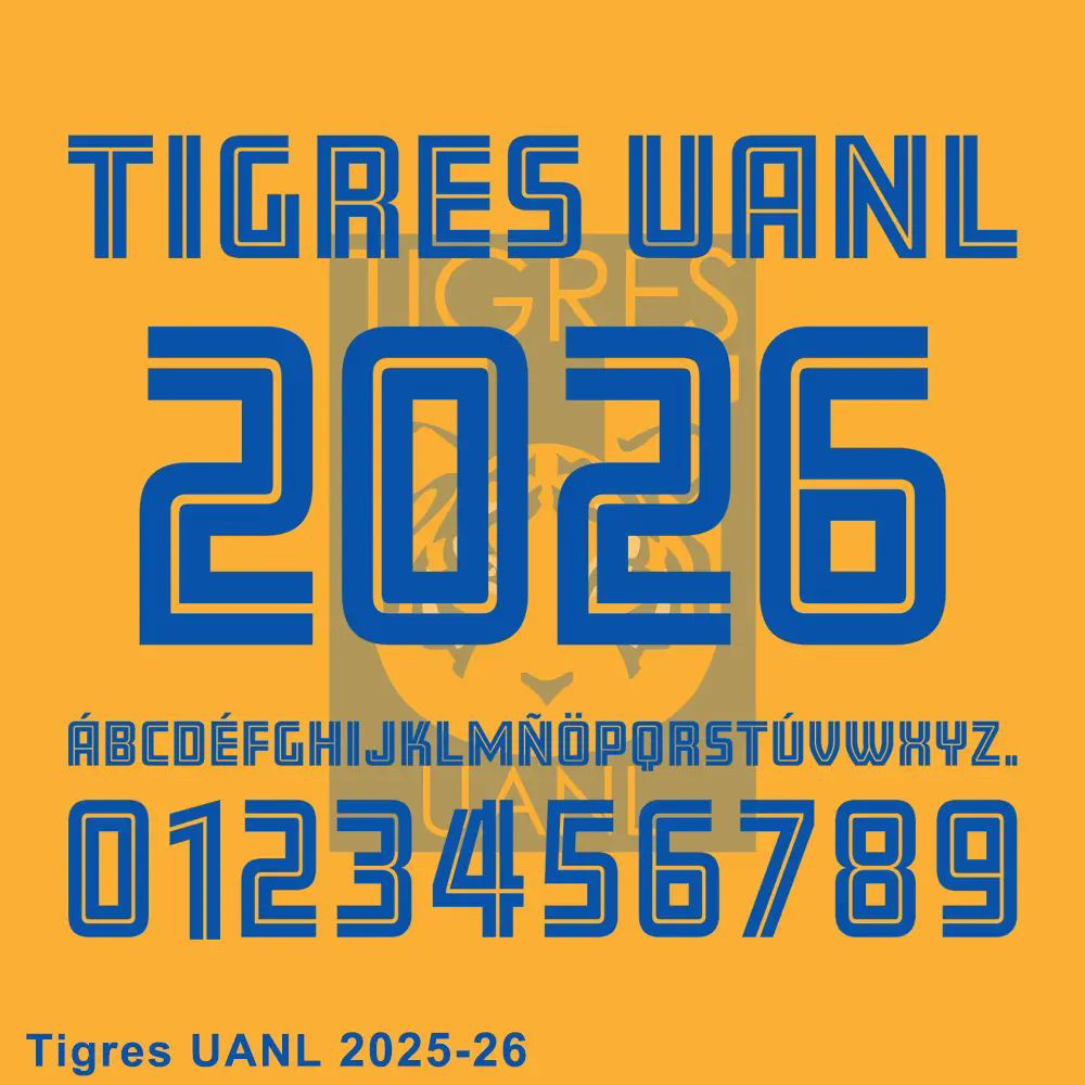 Official Tigres UANL 2025-26 font kit with numbers and alphabet in blue on an orange background. 拷贝.jpg