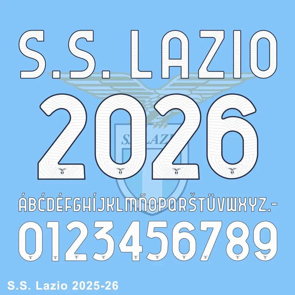 S.S. Lazio 2025-26 font showing full alphabet and numbers with crest in light blue. 拷贝.jpg