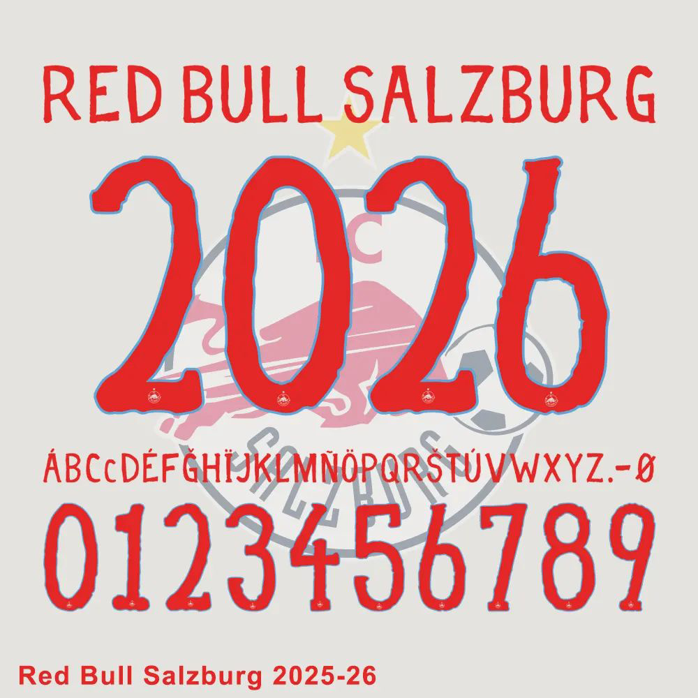 Red Bull Salzburg 2025-26 official font preview, showing alphabet, numbers 0-9, and symbols in red. 拷贝.jpg
